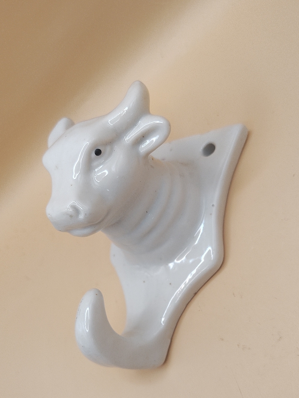 Vintage White Ceramic Cow Bull Head Wall Hook - Decorative Towel Holder
